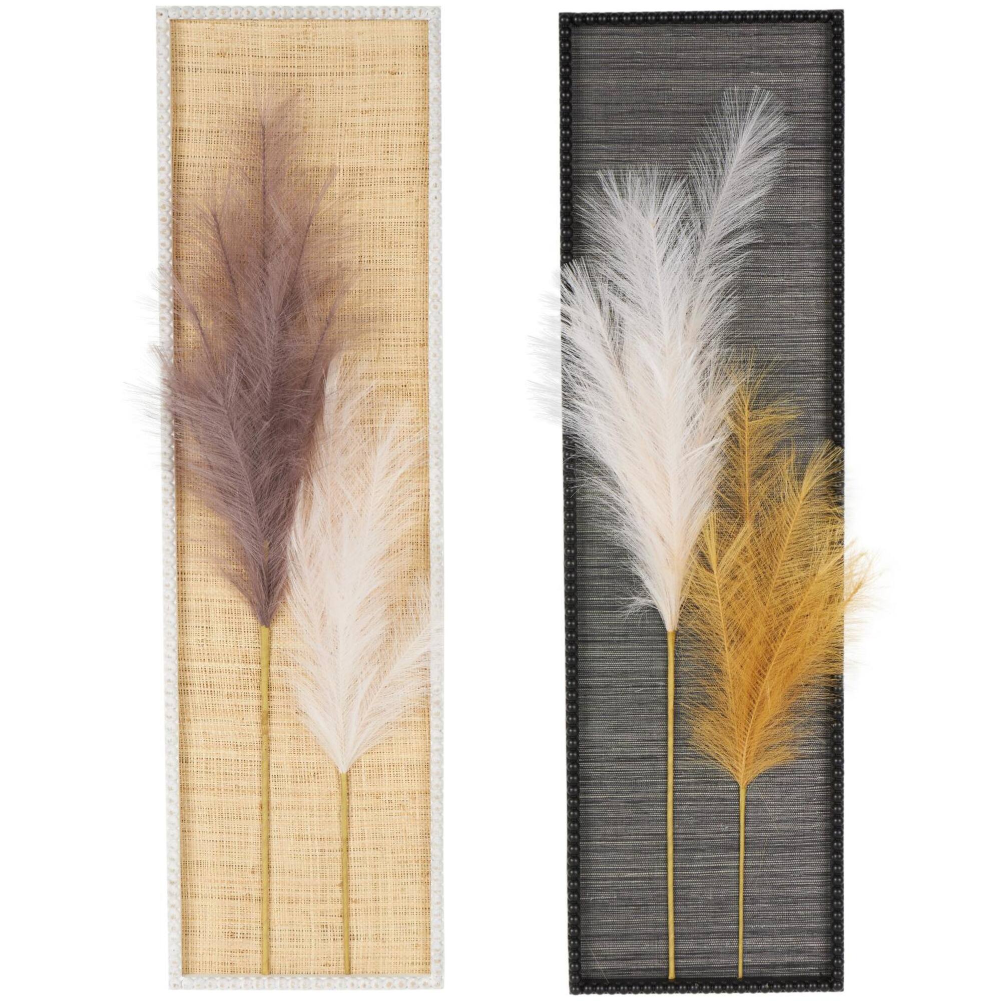 Brown Wood Leaf Handmade 3D Pampas Stem Wall Decor with Beaded Frame, Set of 2